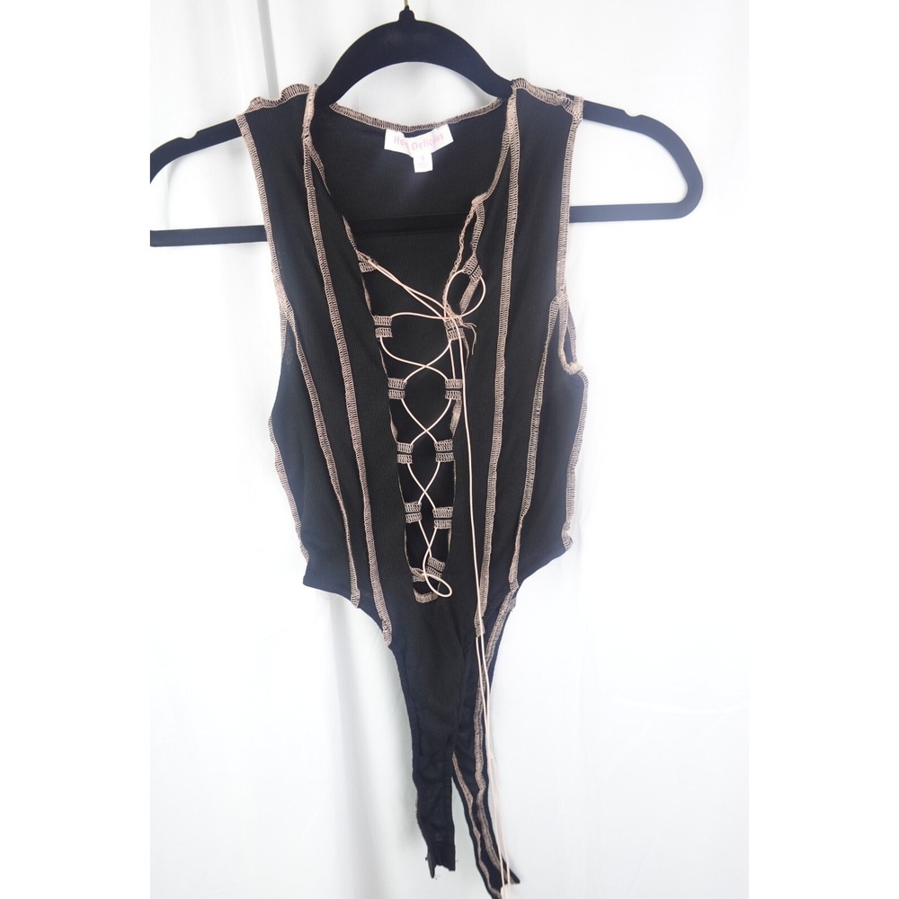Hot & Delicious Bodysuit Small Black Ribbed Lace Up Y2K Edgy Festival Top